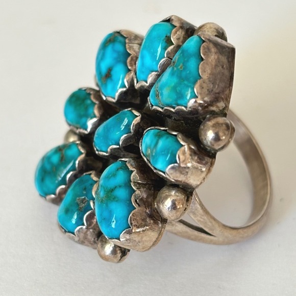 Vintage Navajo Turquoise Cluster Sterling Silver Size 8 Southwestern - Picture 3 of 9